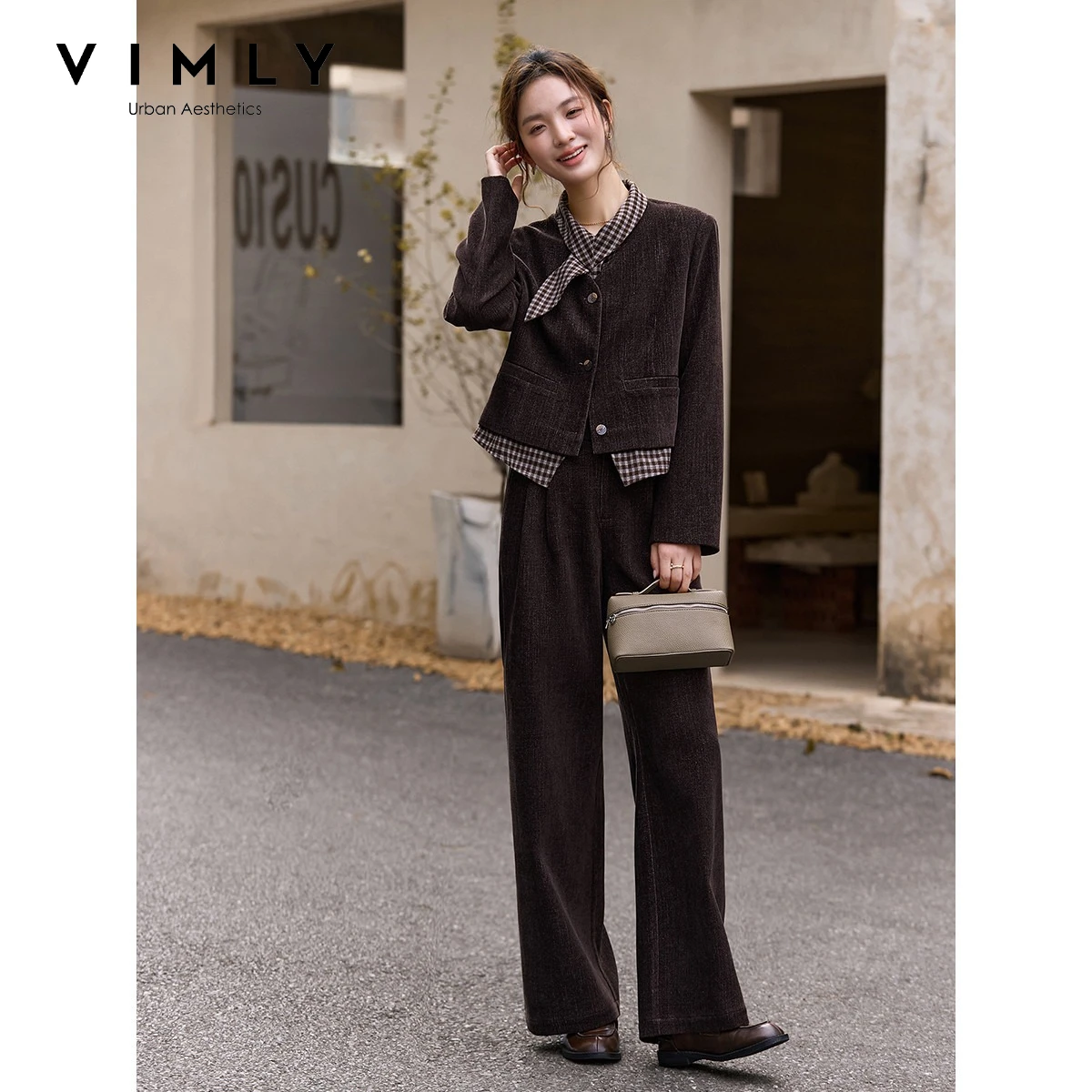 VIMLY Brown Two-piece Set Women 2026 Fall Winter New Spliced Plaid Top Wide-leg Pants Fashion Office Lady Matching Outfit A3658