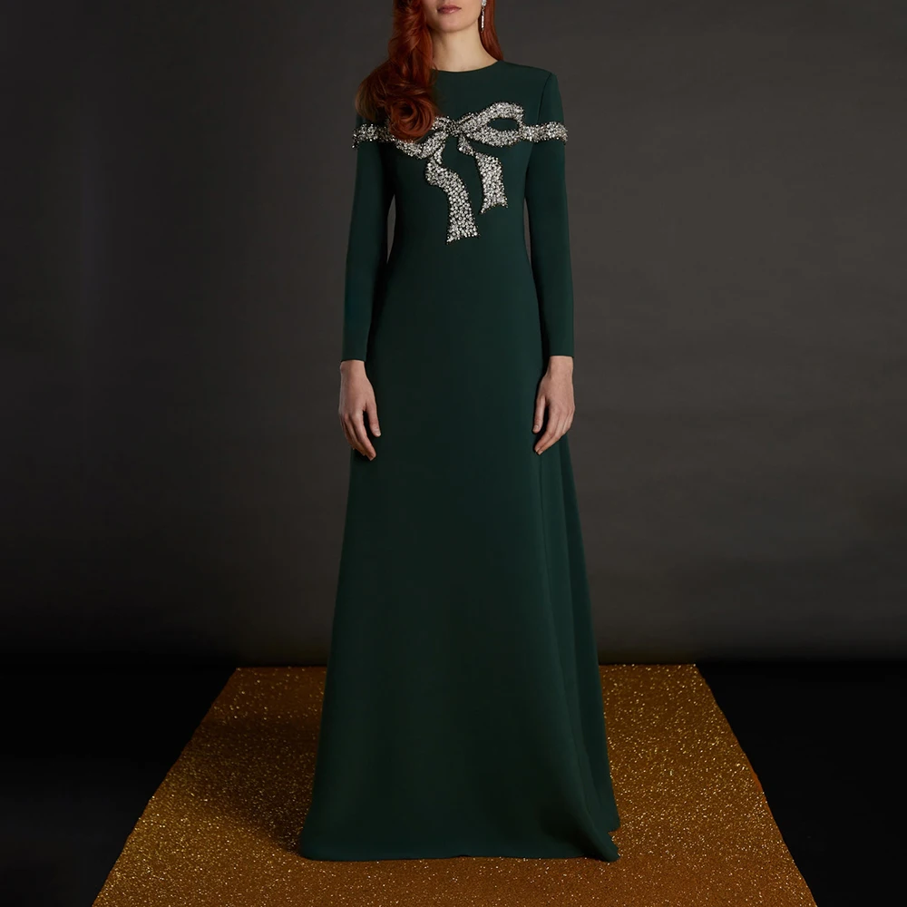 

Современные свадебные платья для гостей для женщин 2025 с хрустальным бантом и круглым вырезом, скромное вечернее платье с длинными рукавами, роскошное вечернее платье трапециевидной формы