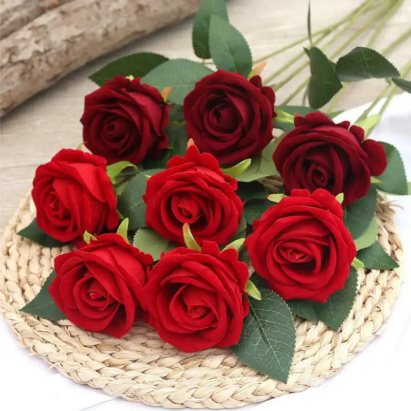 Artificial Velvet Silk Rose Flower Bouquet Real Looking Fake Roses Home Wedding Centerpieces Party Decorations