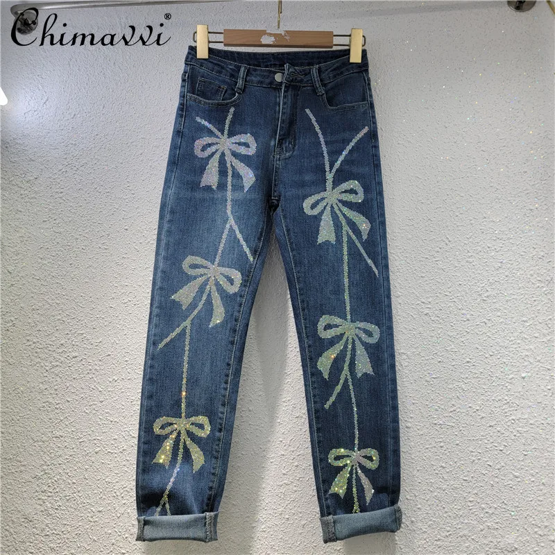 Fashion Bowknot Rhinestone Denim Skinny Pants Women's Autumn New Elastic High Waist Slimming European Goods Cropped Pants