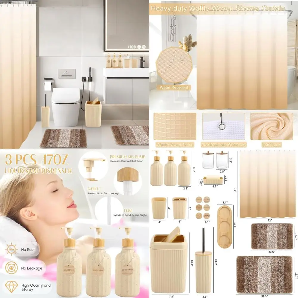 

Beige Bathroom Accessory Set with Shower Curtain, Rugs, and 3-Piece Soap Dispenser in Black Decor