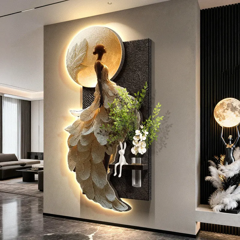 Figure sculpture, entrance decoration painting, feather entrance, sandstone mural lamp, moon corridor, green plant hanging paint