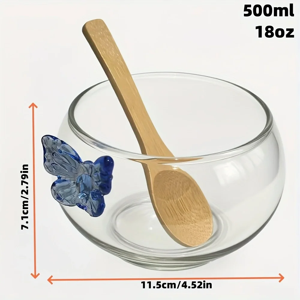 1Pcs-Glass Salad Bowl, Kitchen Glass Container, Glass Food Container, Kitchen Meal Container, Transparent Borosilicate Glass Fruit Bowl and Sandwich Bowl, Capacity 500ml with Bamboo Spoon, Suitable for Microwave and Dishwasher view 2