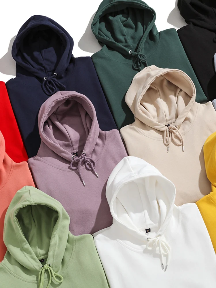 

300g heavy pure cotton spring and autumn new hooded sweater solid color simple inner sports hoodie men's and women's sweater