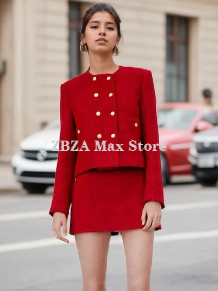 ZBZA Women Textured Blazer Skirt Suit Double Breasted O-Neck Pocket Jacket Slit High Waist Hidden Zip Skirt Fall Female Chic Set