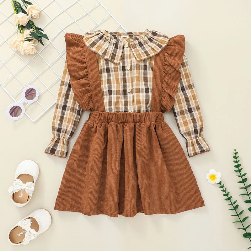 

Girl 2-6 Years Old Long Sleeve Grid Blouse Overall Skirt Summer Outfit Toddler Infant Clothing Set Fashion Kids Wear Ootd