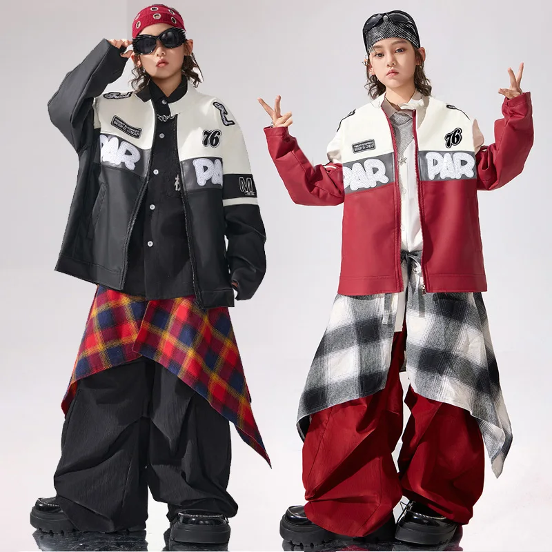 

Детская уличная одежда в стиле хип-хоп, джаз, модные комплекты из кожаной куртки и брюк для мальчиков и девочек, одежда для выступлений, костюмы, детские спортивные костюмы