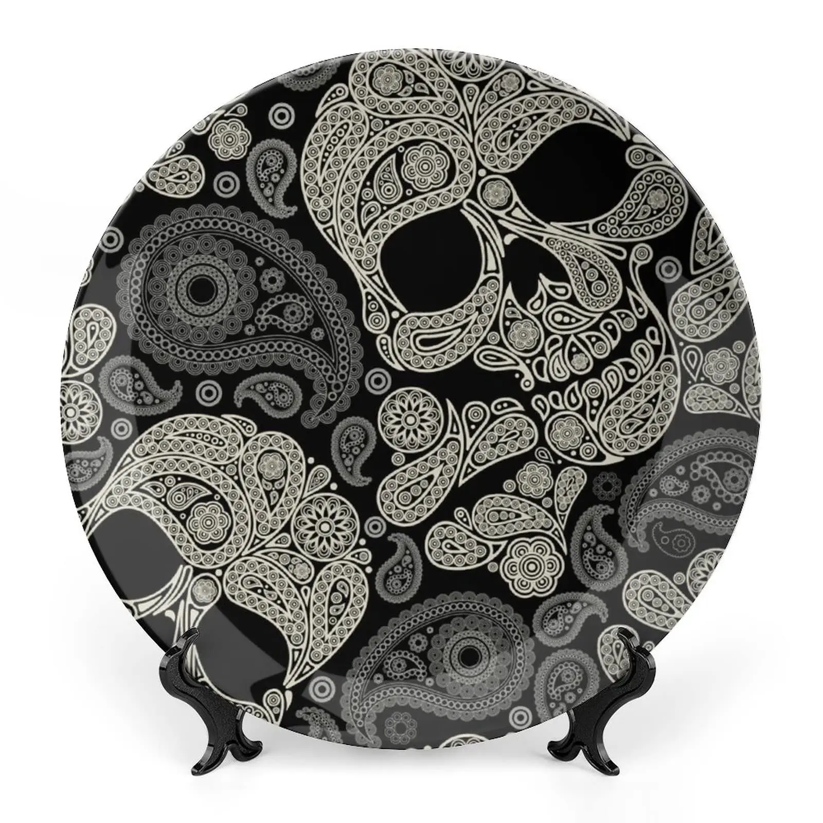 Black and White Skulls Ceramic Bone China Decorative Plate with Stand Home Wobble-Plate Dessert Plates Household Plate Gift