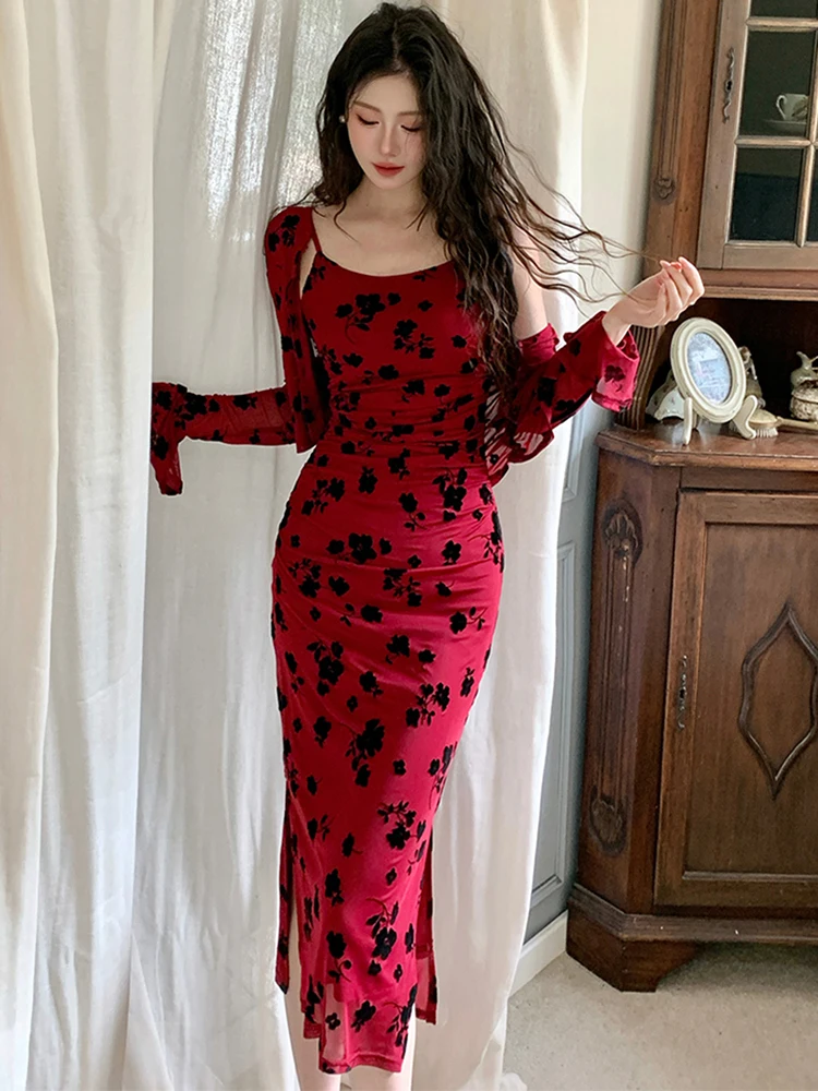 2025 Nieuwe Rode Massaal Bloemen Sling Lange Jurk + Lange Mouw Top Shirts Tweedelige Sets Vrouwen Herfst Koreaanse vintage Bodycon Jurken