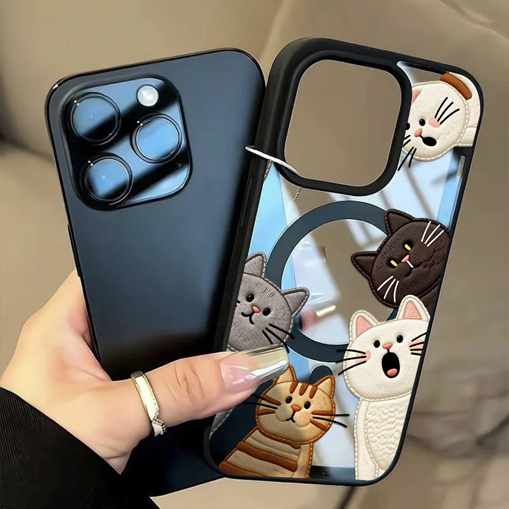 Cute Faux Embroidery Cat Phone - Phone Cases Protective 评论和价格