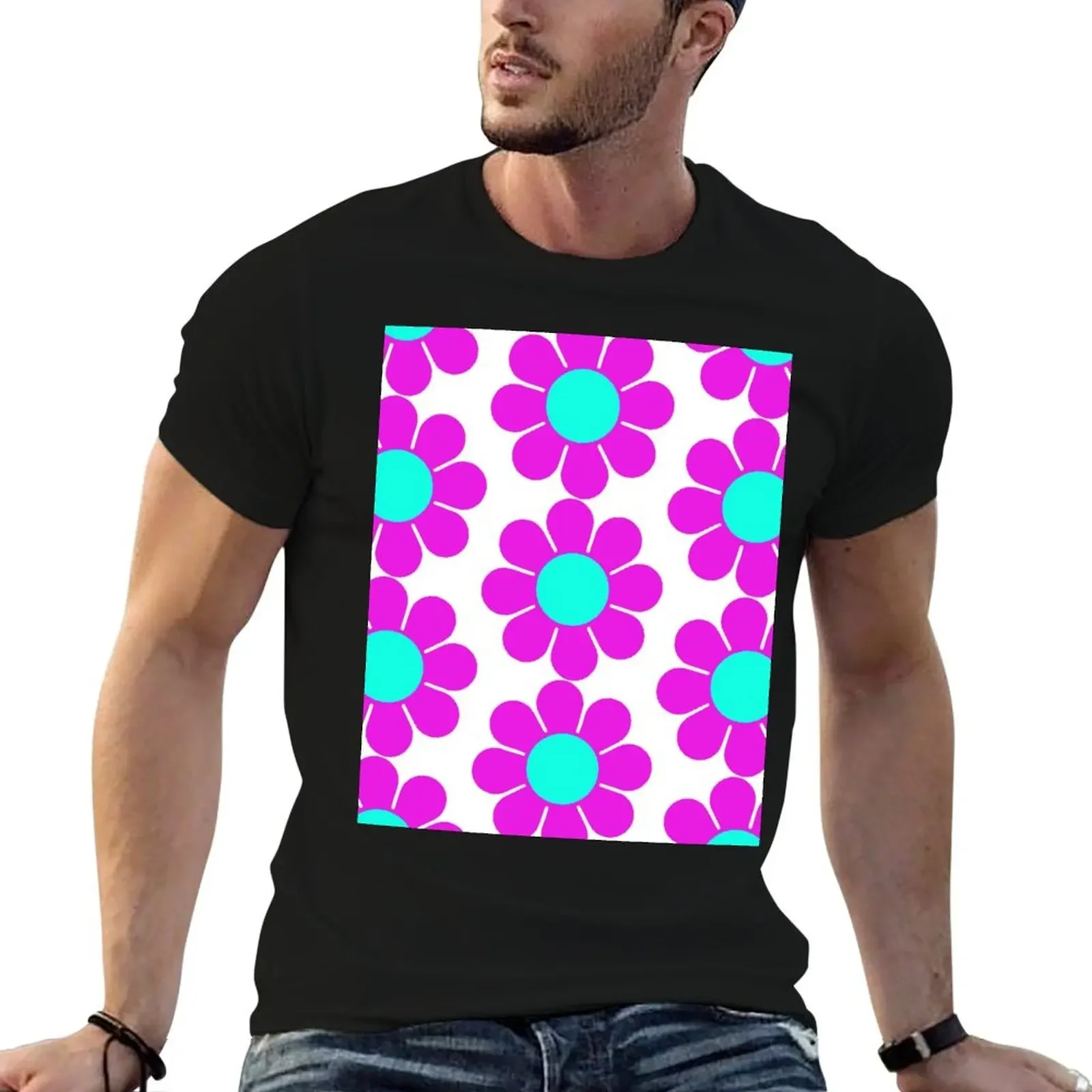 

Pink Teal Turquoise Hippie Flower Daisy T-Shirt boys whites anime tshirt summer tops oversized t shirt tshirts for men