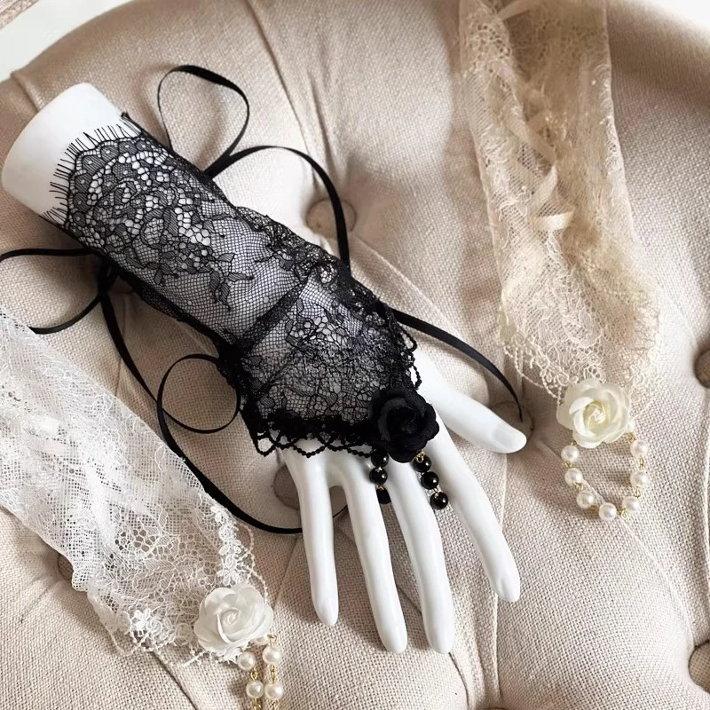Lolita Mesh Lace Fingerless Gloves Women Gothic Arm Sleeves Tulle Long Gloves Wrist Cuff for Halloween Wedding Masquerade