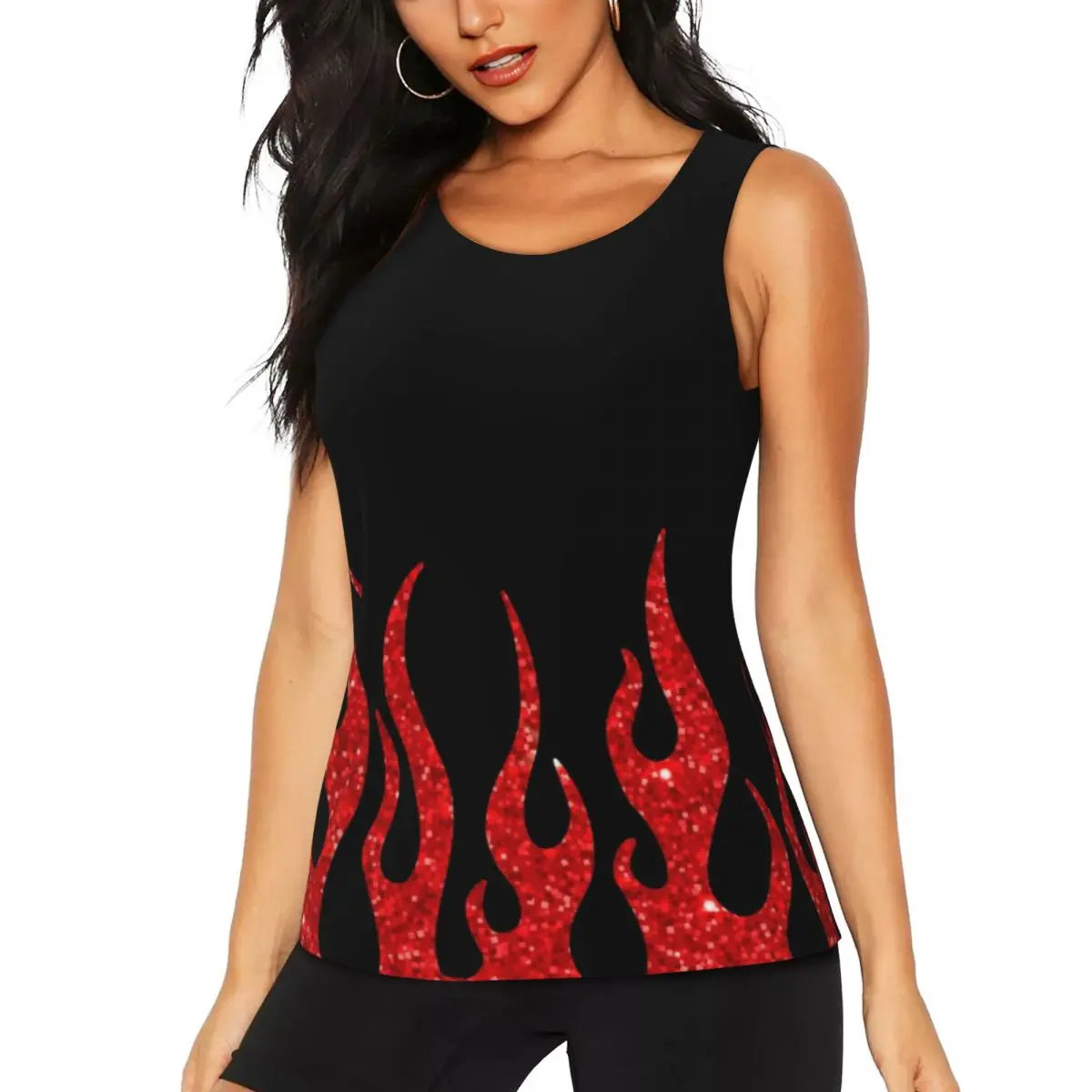 Custom Red Glitter Racing Flames Workout Tank Tops for Women Quick Dry Sleeveless Vintage Burning Fire Yoga Shirts