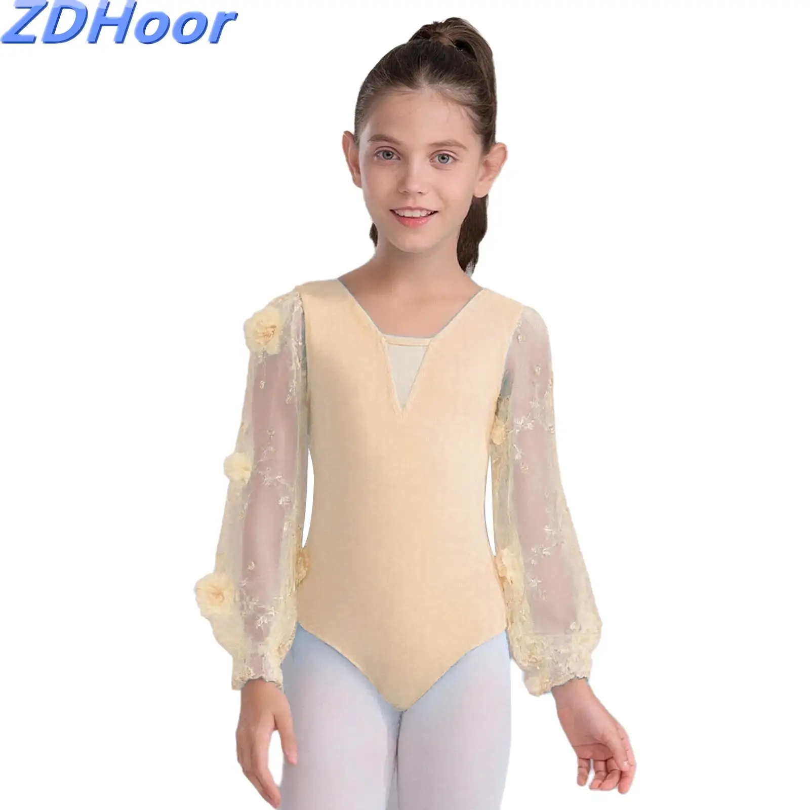 Justaucorps de danse à fleurs 3D pour enfants filles, Costume de spectacle, col en v brodé, maille transparente, manches longues bouffantes, justaucorps de Ballet