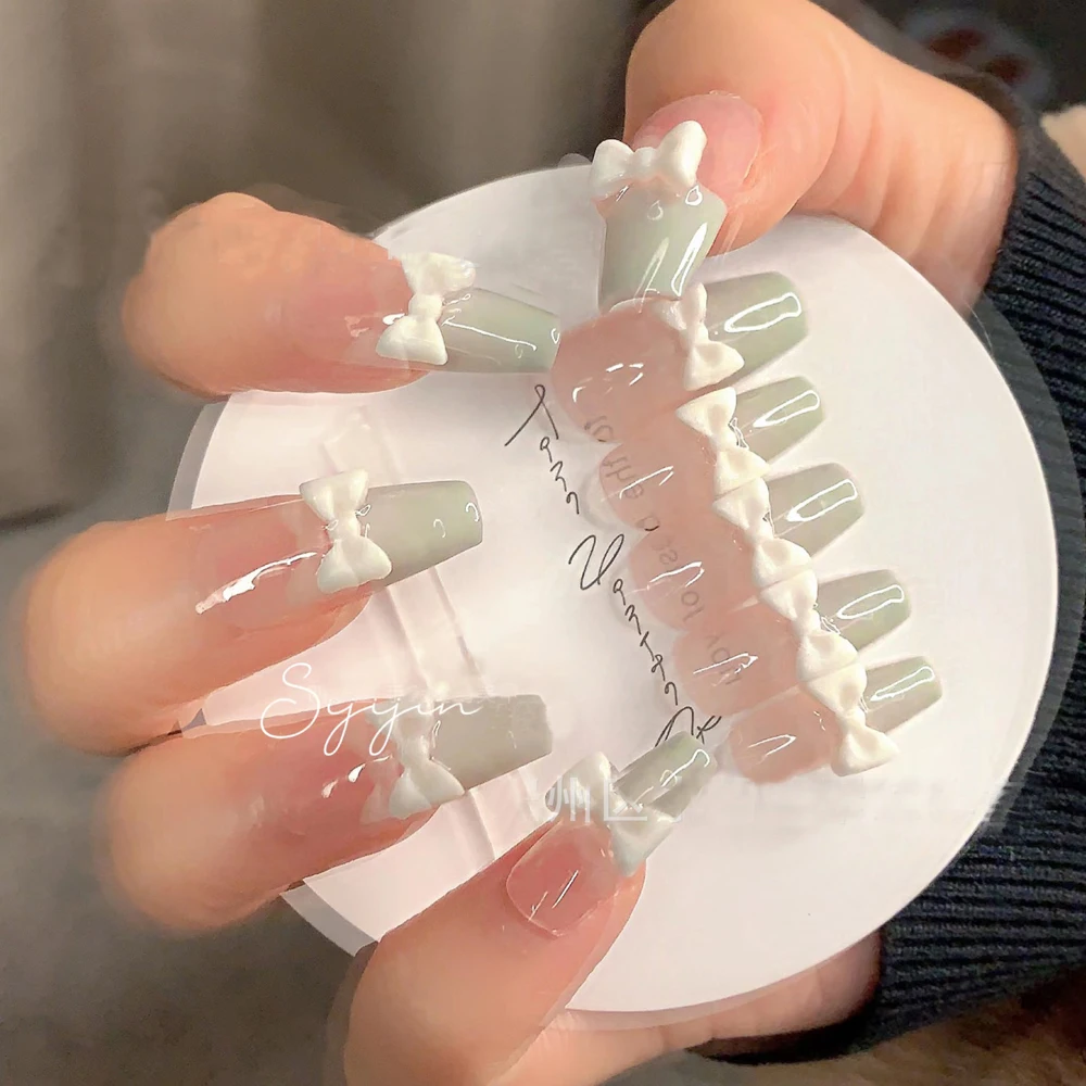 Removable Milk Green French Style Bow False Nail Patch Handmade Wearable Nail Art Nail 10 Piece Finished Set  Nail Accessories