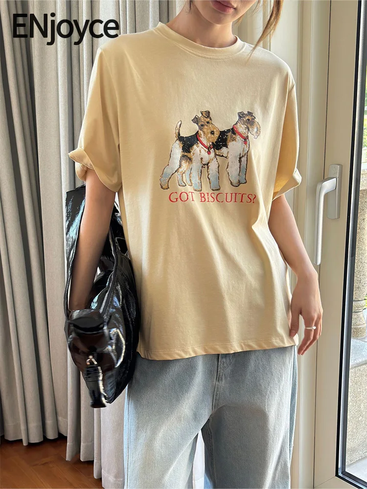 

2024 Summer Women Cartoon Dog Printed T-Shirts y2k Streetwear Casual Loose Short Sleeve Pullovers Cotton Tee Tops Beige/Gray