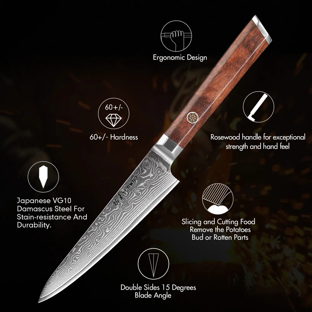 Turwho-High quality Damascus steel utility knife, Rosewood handle,for kitchen, Cleaver, slicing, paring, chef, cooking tools,5”