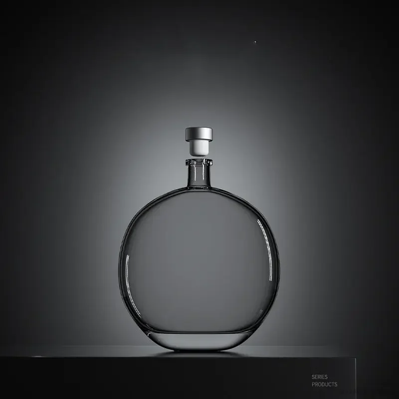 Round shaped  lead-free glass whiskey decanter clear wine glass bottle for Liquor Scotch Bourbon with Airtight stopper