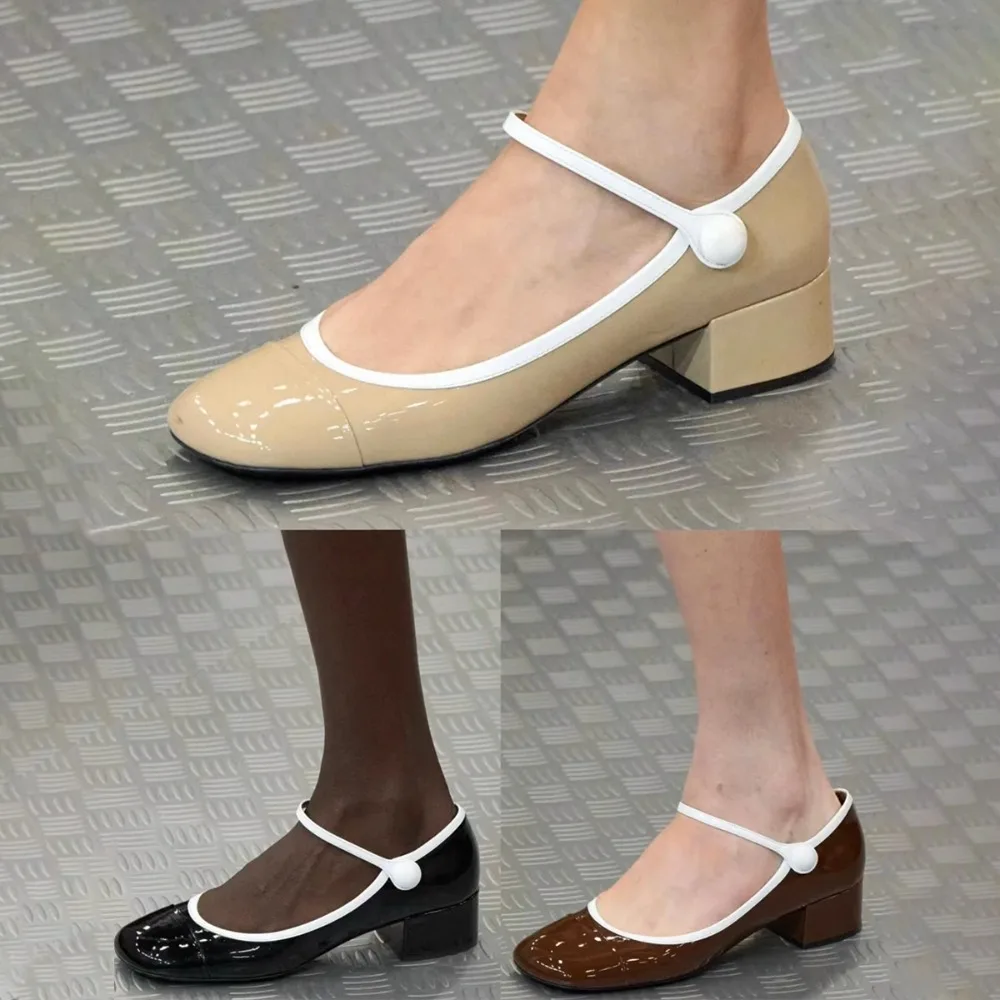 

NIGO Women's Spring And Summer Colour Blocking Cow Patent Leather White Side Thick Heel Shoes Cute Sweet Casual Shoes #NGSH1729