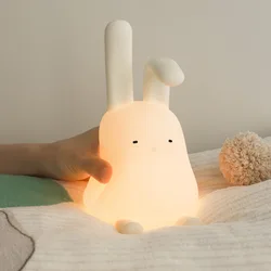 Rechargeable LED Night Light Cute Rabbit Light with Mobile Phone Holder Foldable Hanging Ear Timing Warm Light Silicone