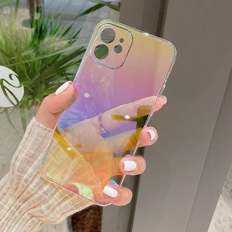 Fashion Rainbow Laser Phone Case For iPhone 11 12 13 14 15 Pro Max XS X XR 7 8 Plus Mini SE 2020 Luxury PC Bumper Back Cover