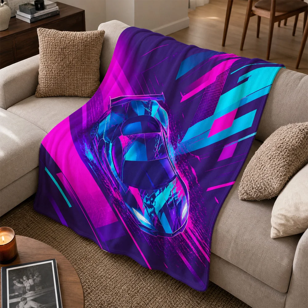 Modern Abstract Neon Car Design Throw Blanket Microfiber Sofa Throw Couch Decor Warm Cozy Gift Futuristic Auto Print Art