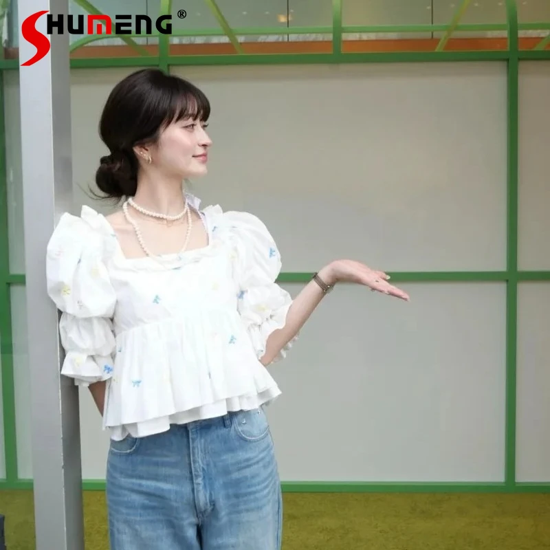 

Sweet Cute Embroidery Floral Bow Shirt Women's New Short Lace Up Tie Waist Slim Fit Blouse Kawaii Youthful Daily Wear Top Blusas