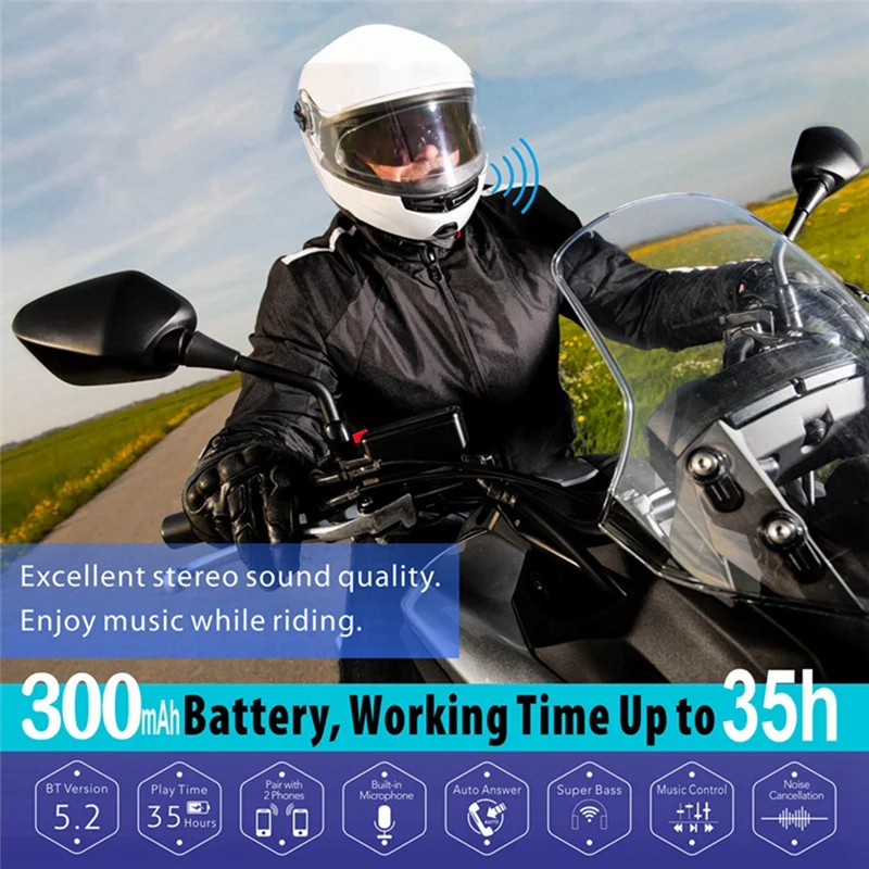 Bluetooth 5.2 Motorcycle Helmet Headset Wireless Earphone Handsfree Call Kit Stereo for MP3 Music Player