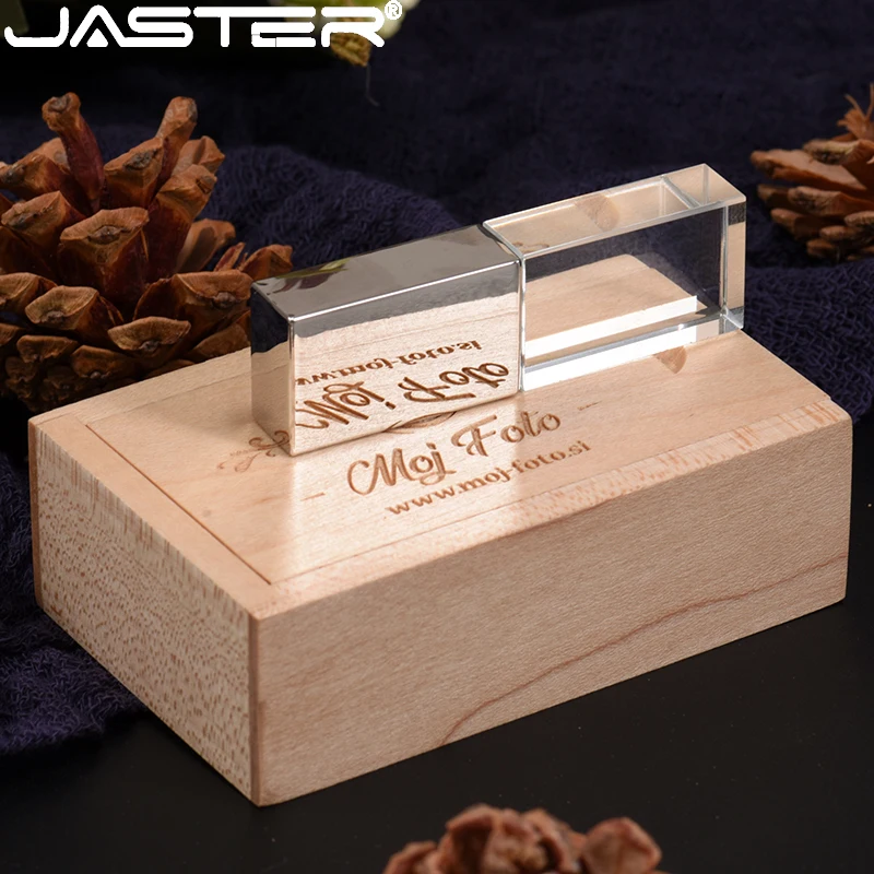 JASTER Wooden box USB flash drive Crystal Pen drive Custom logo Memory stick 128GB 16GB 32GB 64GB Creative Wedding gift Pendrive