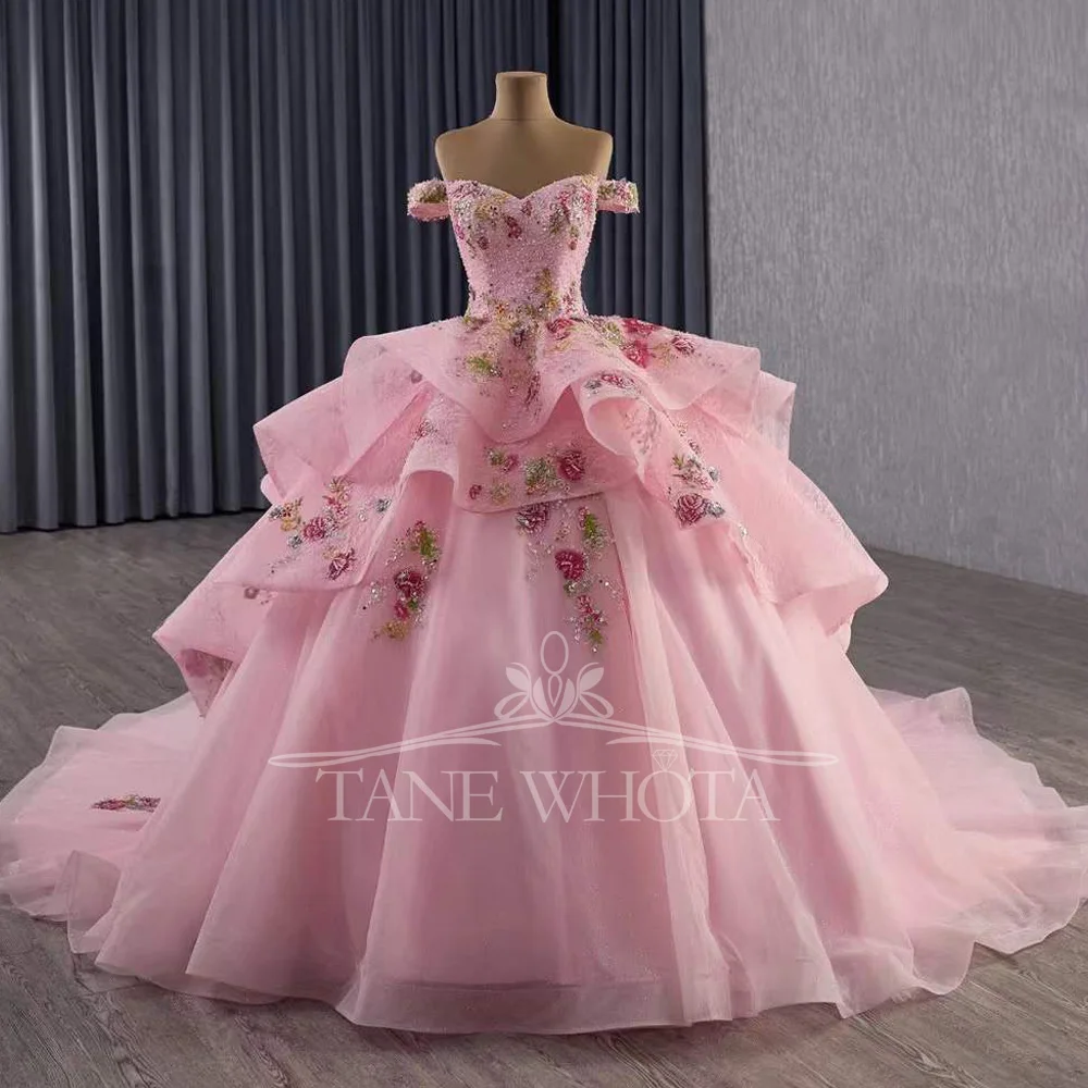 

Розовое вечернее платье Quinceanera 15, милое платье принцессы с открытыми плечами и шнуровкой сзади, расшитое бисером и блестками, настраиваемое платье принцессы