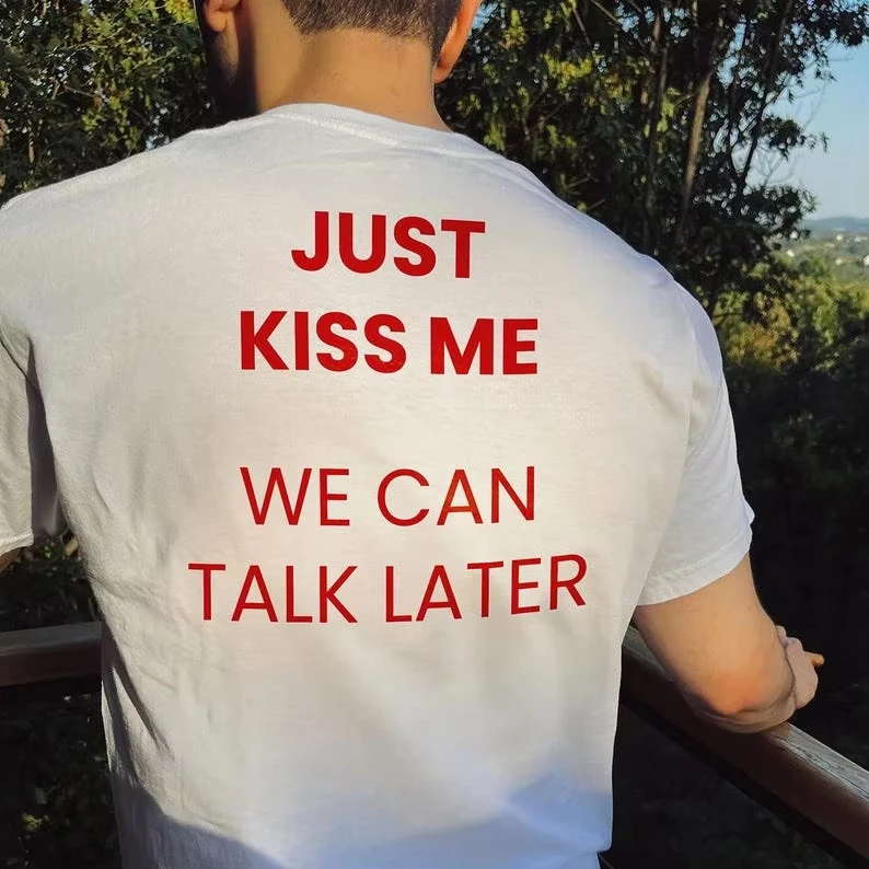 قبلني نستطيع التحدث ألاحًا من القطن المطبوع بأكمام قصيرة ورقبة دائرية تي شيرت عالي الجودة كاجوال عصري ملابس الشارع للجنسين #1