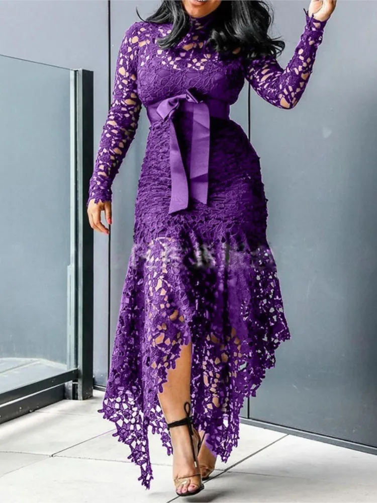 2024 Spring New Fashionable French Lace Stand Up Collar  Bubble Sleeves Waist Cinching Slimming Dress Elegant Long Dress