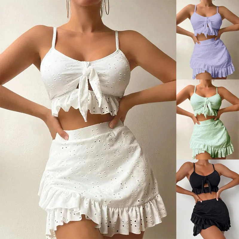 3 Pieces Bikinis Set Women Ruffles Wrap Hip Skirt Split Swimsuit Spring Summer Female High Waist Sexy Beachwear Bathers