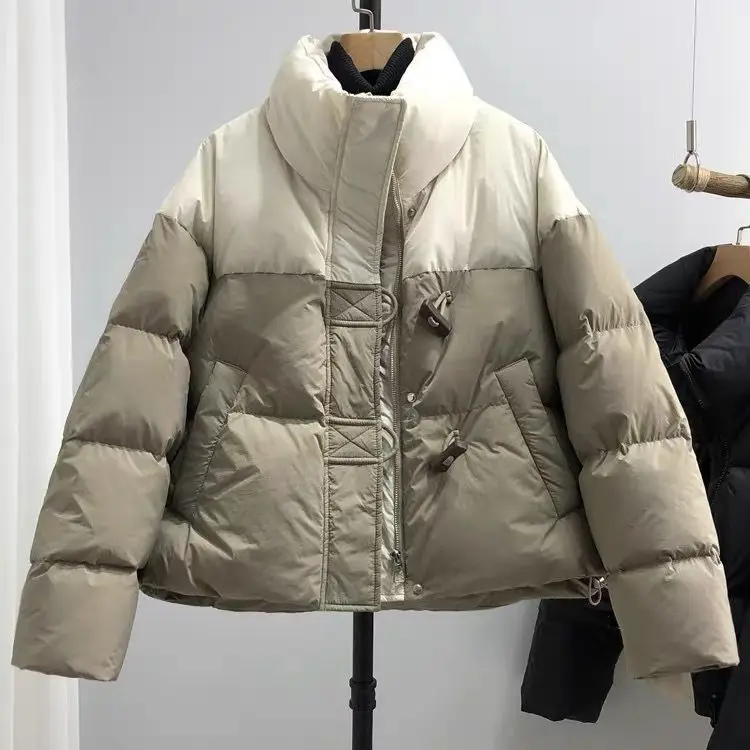 

2025 Autumn/Winter New Women's Cotton Jacket Commuter Windproof Splicing Bull Horn Button Short Jacket