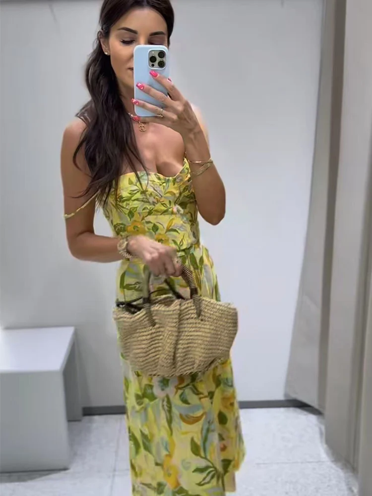 TFMLN Rok Motif Bunga Wanita Dua Potong Kamisol Selempang Crop Seksi Set Rok A-line Gaya Liburan Pantai Kasual Wanita Baru