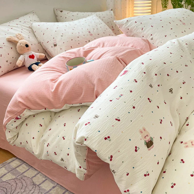 Double Layer Yarn Woven Microfiber Duvet Cover Set Cute Cartoon Bedding Set 1 Duvet Cover + 2 Pillowcases Bedroom Decor
