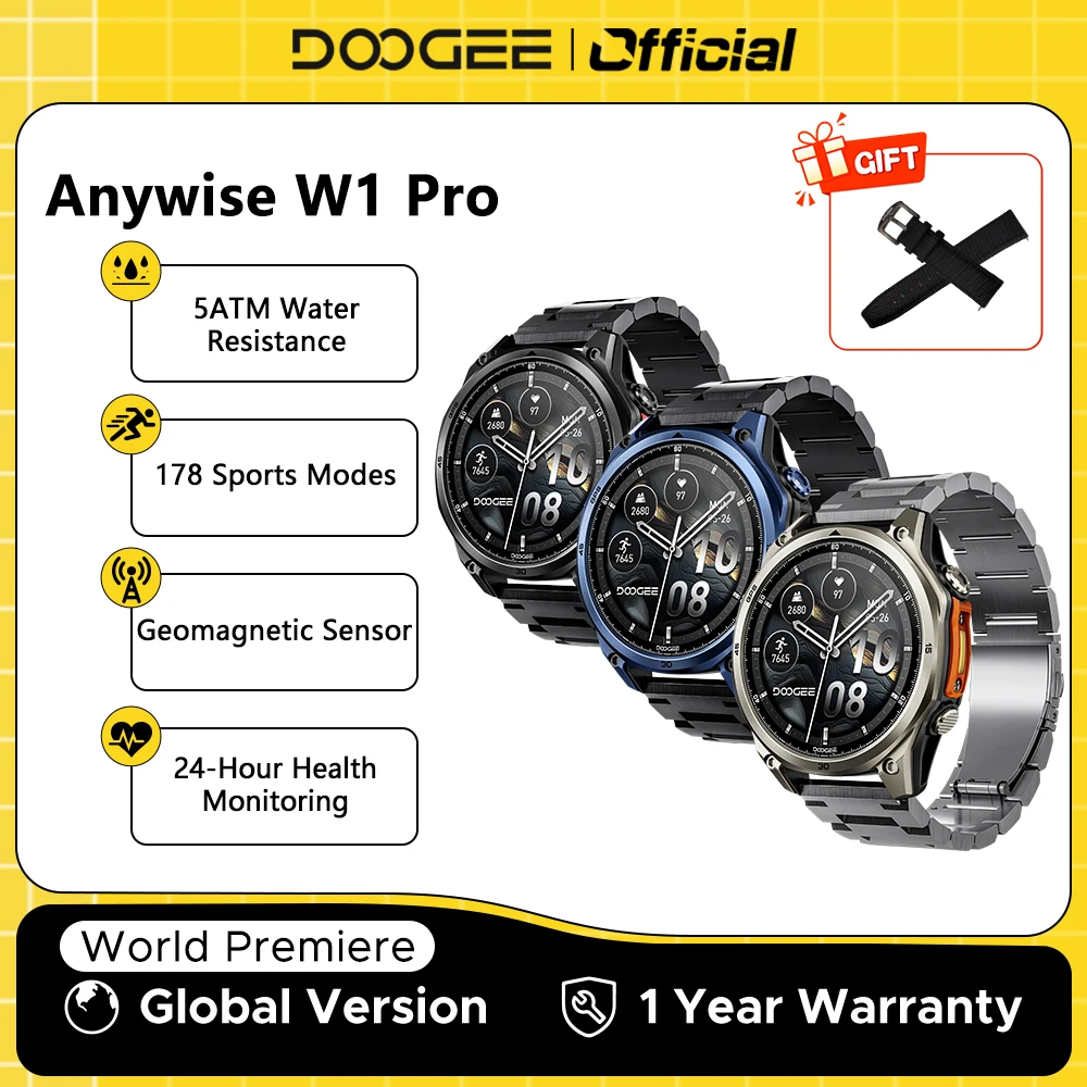 DOOGEE ANYWISE W1 PRO Smartwatch 1.43'' 5ATM Water Resistance 178 Sports Modes Health Monitoring Geomagnetic Sensor Offline Maps