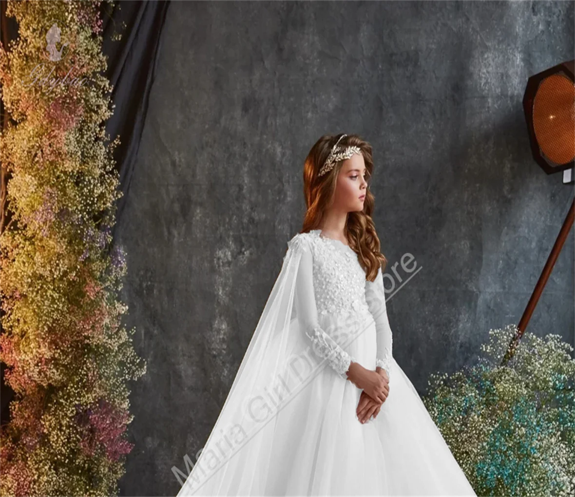 White Elegant Long Sleeve Flower Girl Dress Fluffy Wedding Children's Birthday Dress Fluffy Trailing First Communion
