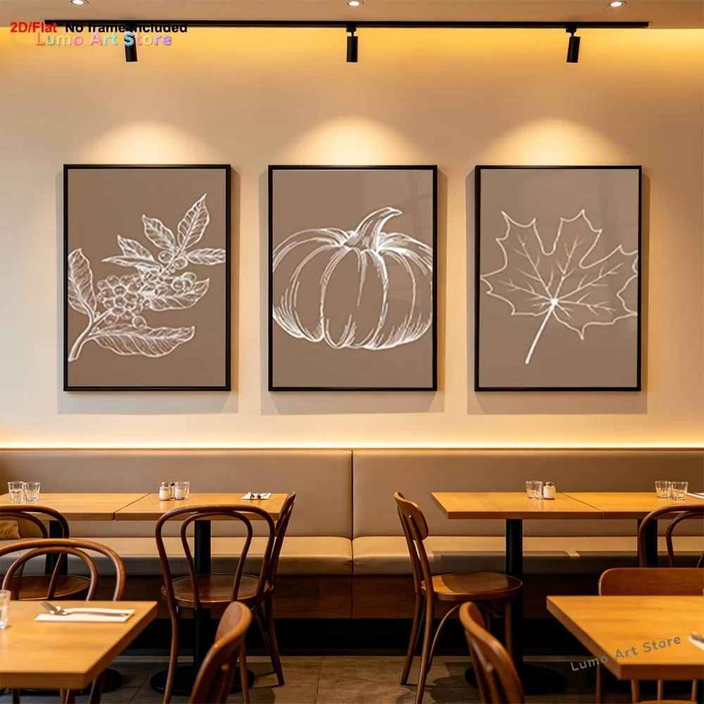 2D Flat, 2D Flat, 2D Flat | 3pcs | Home Decor Painting | Brown Background White Line Drawing Coffee Branches Leaves Fruits Pa