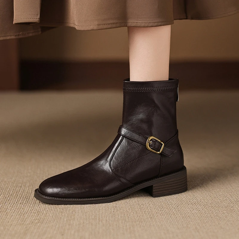 

Women's new handmade round head metal belt buckle, mid heel plus size and calf short boots, elastic boots, fashion boots