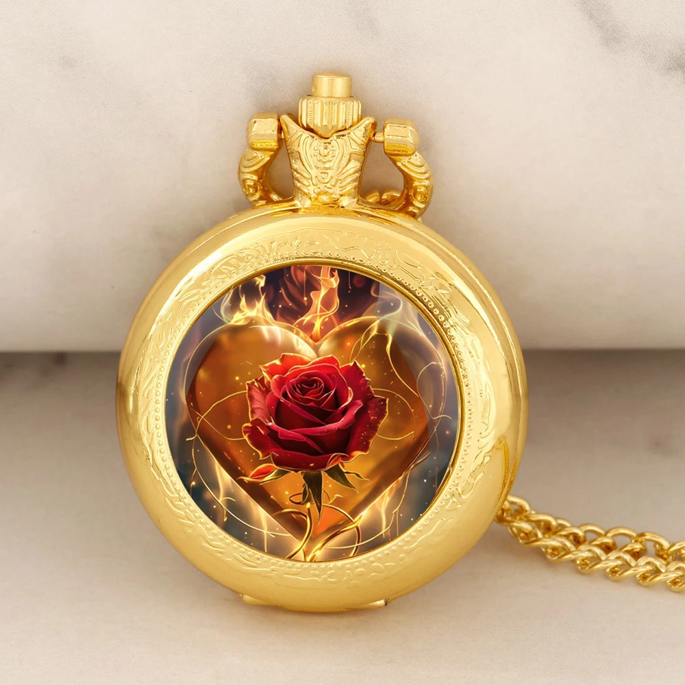 Exquisite Golden Heart Rose Vintage Quartz Pocket Watch Women Men Necklace Unique Pendant Clock Watch Gift Accessories