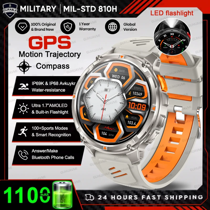 2026 HOT Nieuwe Sport Smartwatch 1100mAh Grote Batterij Duurzaam Kompas 10ATM Waterdicht Tactisch 170+ Sporten BT Oproep Smartwatch Heren - afbeelding 1