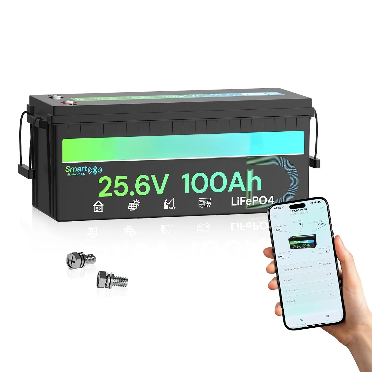24V 100Ah Bluetooth LiFePO4 Lithium Battery for Trolling Motor, RV, Customized
