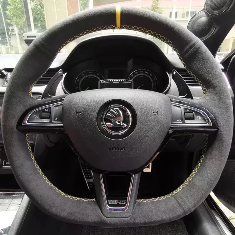 For Skoda Octavia 2015-2019 Fabia Kodiaq Superb Scala Hand-stitched Suede Non-slip Car Steering Wheel Cover