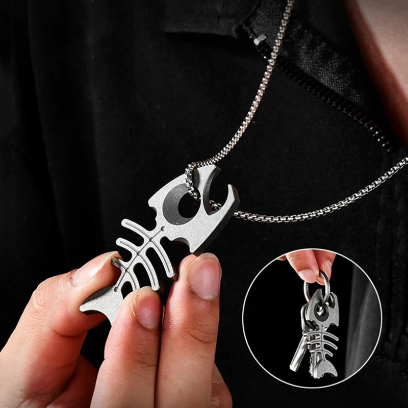 Titanium Alloy Fish Bone Keychain - Multifunctional Bottle Opener, Portable Necklace Gift For Outdoor Activities