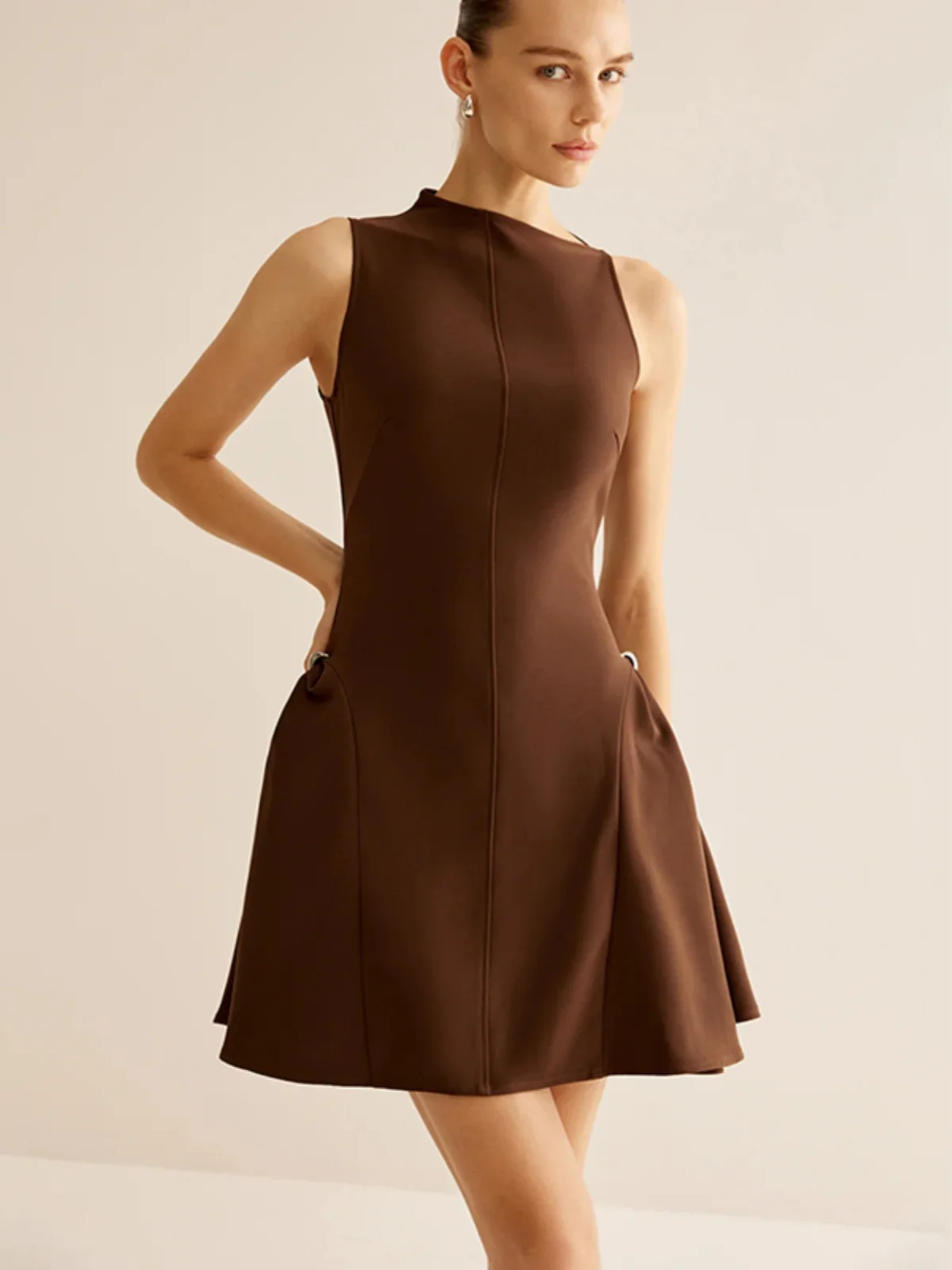 VGH Elegant Intellectual Style Coffee Color Sleeveless Slim Fit Dress Asymmetrical Irregular High Collar Gown for Women