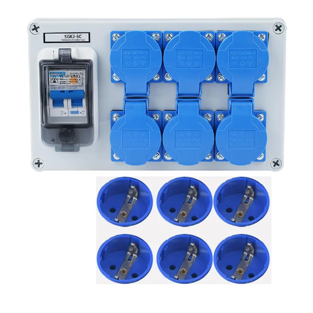 1PC IP54 Wall Mounted 6-Pin Power Distributor With 1P+N FI Switch For Construction Sites Workshop  Garages And Outdoor Use