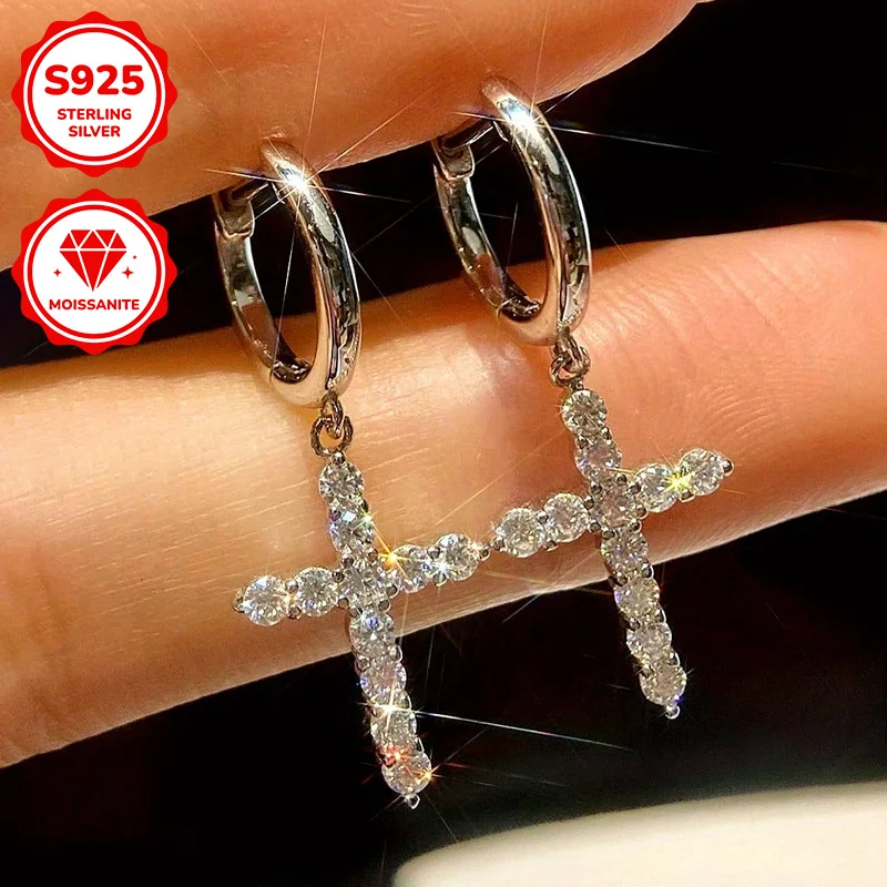 

1 Pair 0.66Carat Stunningly Beautiful Round Cut Moissanite Cross Earrings in Premium S925 Silver.