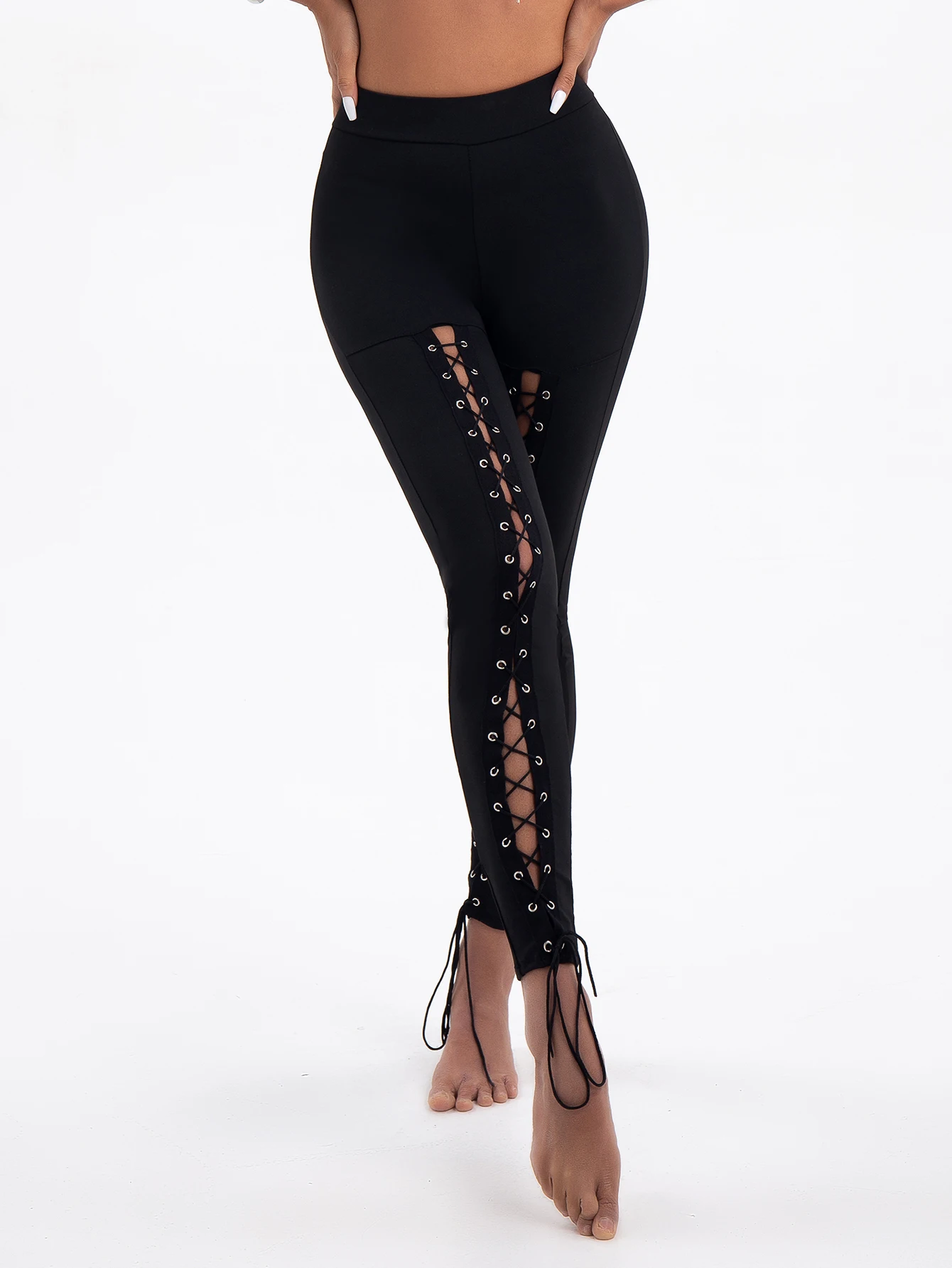 Spring and autumn women sexy corns with slim-fit leggings with hollowed-out front lace-up wear elastic shorts with small legs