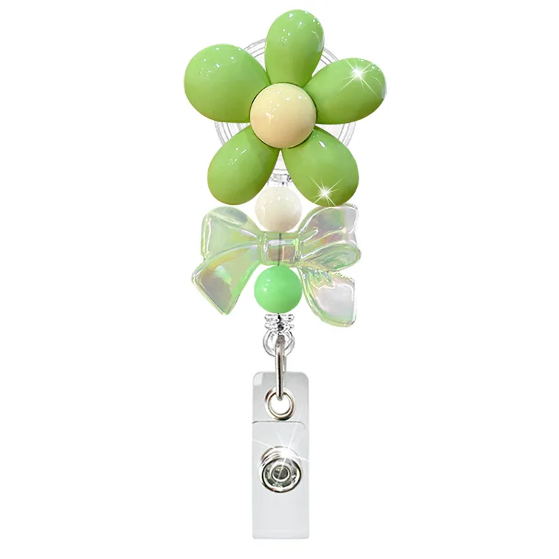 JESJELIU 1Pcs Flower Beaded Retractable Badge Holder Clips for Nurse ID Badge Reel with Belt Clip Doctor ID Card Chain Clips